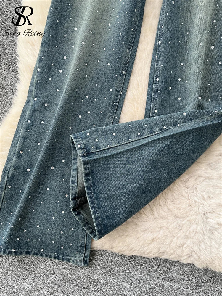 SINGREINY American Retro Diamonds Jeans Female High Waist Pockets Zipper Wide Legs Trousers Streetwear Loose Denim Long Pants 251029