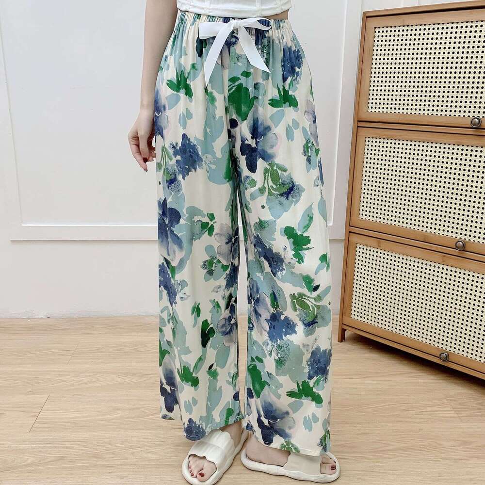 Silk Pajama for Women, Summer New Style, Internet Celebrity Artificial Cotton Thin Casual Pants, Wearable Outside, Floral Large Size Home Pants