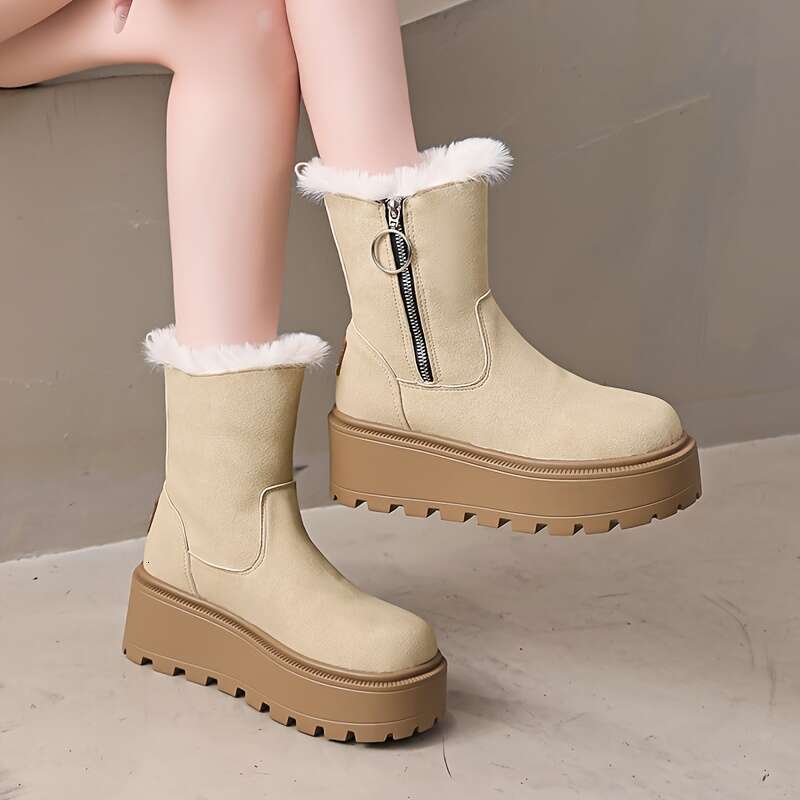 Women's Chunky Platform Boots Beige/ Tan Slip-Resistant Rubber Sole, Cushioned Insole Zipper Closure Soft Fabric Lining For Everyday & Formal Out