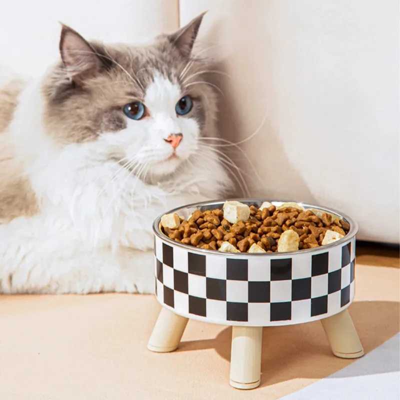 Pet cat and dog bowl polkadot plaid stainless steel antislip easy to clean indoor and outdoor J251113