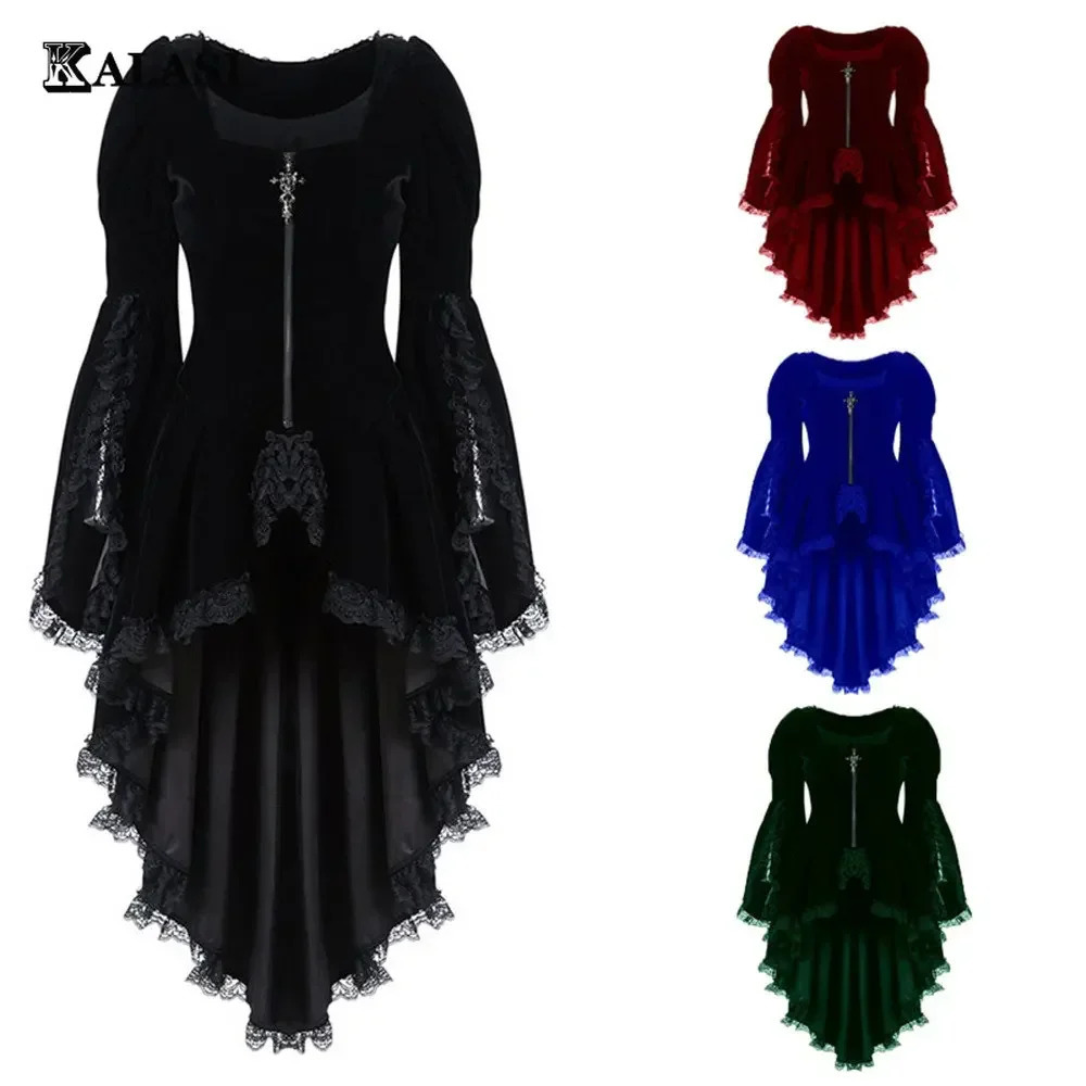 Women Gothic Long Sleeve Cross Irregular Velvet Tuxedo Dresses Lace Hem Medieval Ladies Witch Dress Lolita Cosplay Costume 251027