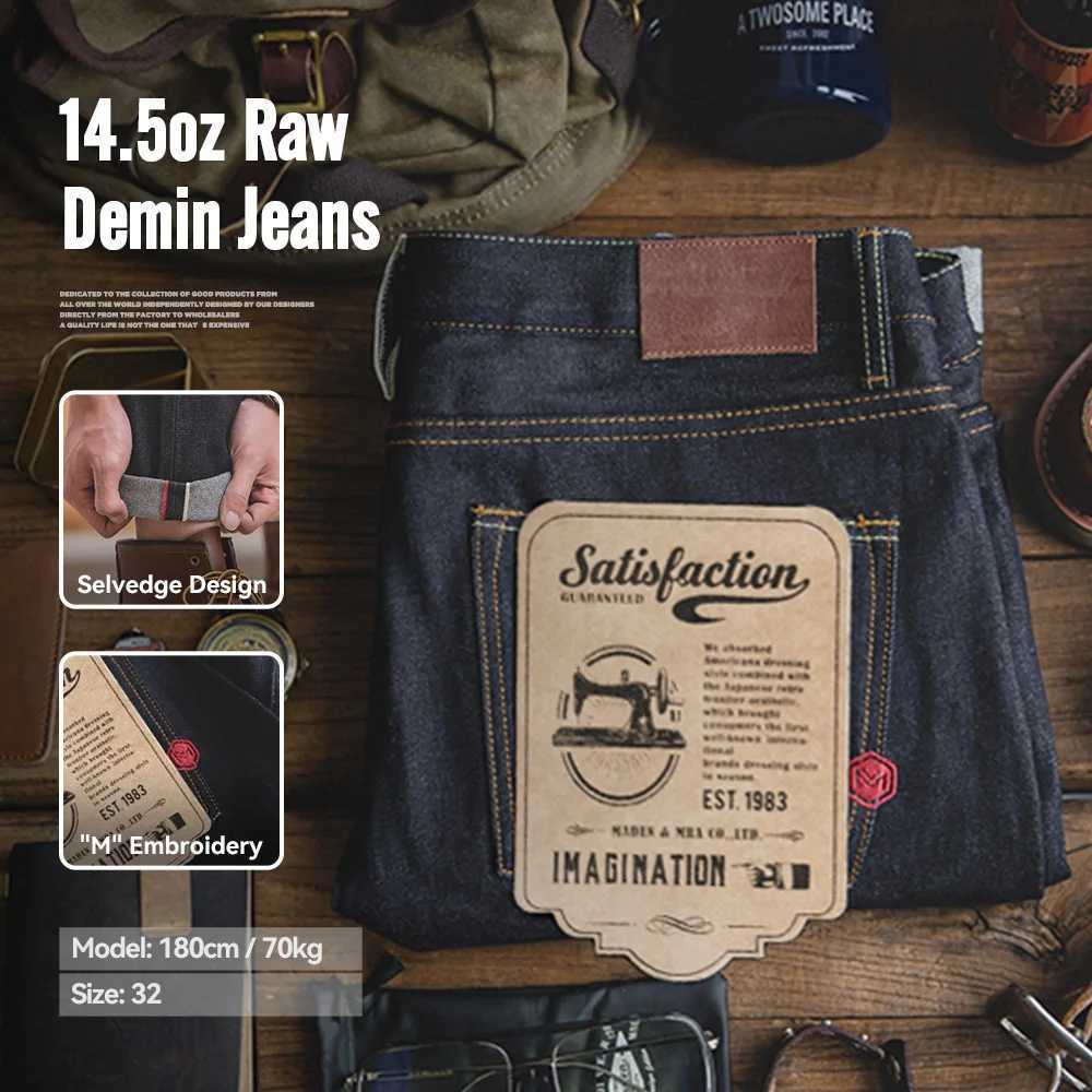 Maden Retro 145oz Selvedge Raw Denim for Mens Jeans with YKK Zipper Fly Embroidery Straight Jeans Classic Solid Color Trousers J251030
