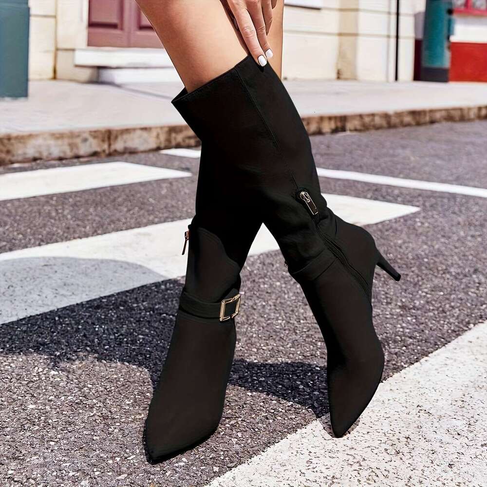Womens Fashion Knee High Stiletto Heels Cover Pointed Toe Wide Calf Metal Buckle Side Zipper Winter Boots