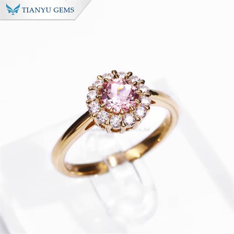 Tianyu Gems Flower Design 10k 14k 18k 22k Round Pink Lab Sapphire and Moissanite halo Women Custom Rings Solid Gold Jewelry