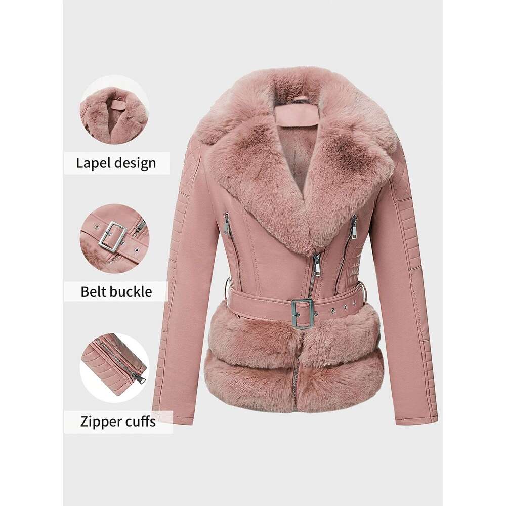 Soft Pastel Pink Women S Elegant Vintage PU Jacket Winter With Belt Non Porous Easy Clean Outerwear For Formal Everyday Events Fall Winter Fashion