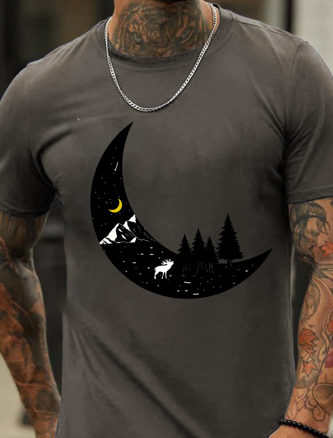 Europe & America Oversized Black Moon Print Men's Cotton Summer T-Shirt - TT7076