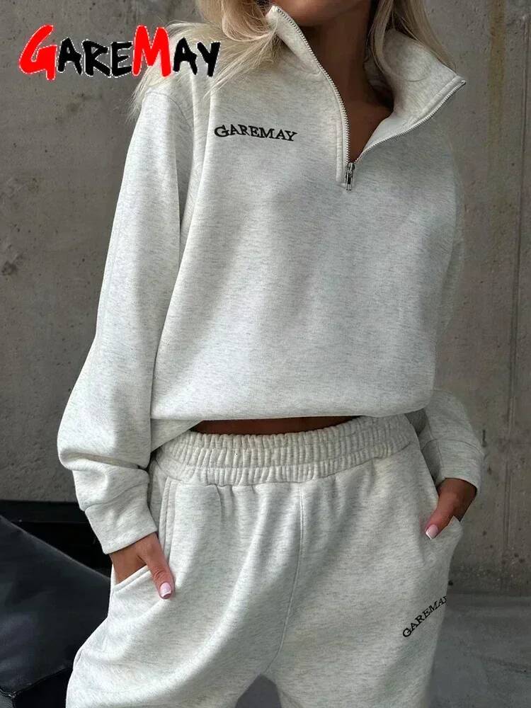 winter jacket women Autumn Women's Tracksuit with Zipper Cotton Oversize White Casual Two Piece Set Classic Sports Trouser Suits for Women
