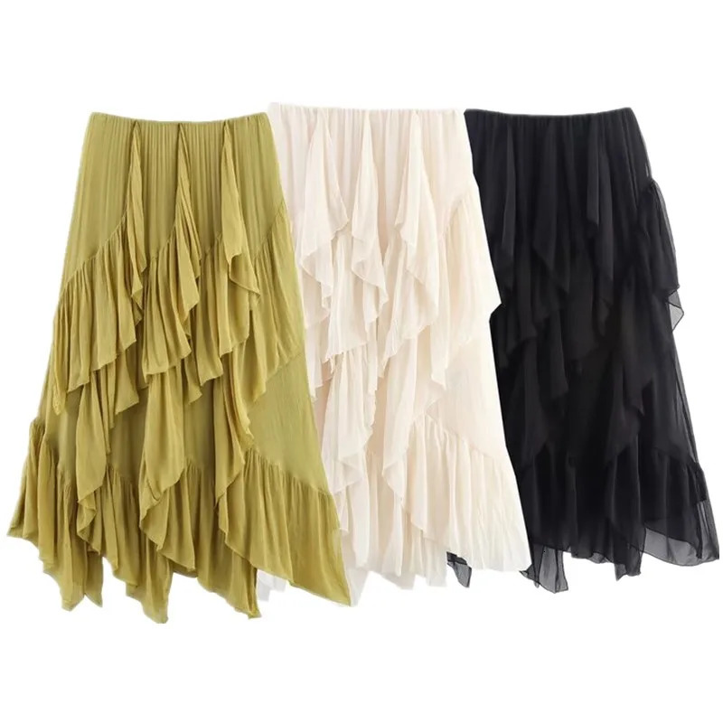 Summer 2025 Arrival Womens Midi Skirt Layered Decorative Casual Asymmetrical Polyester Loose Fit Skirt 251028