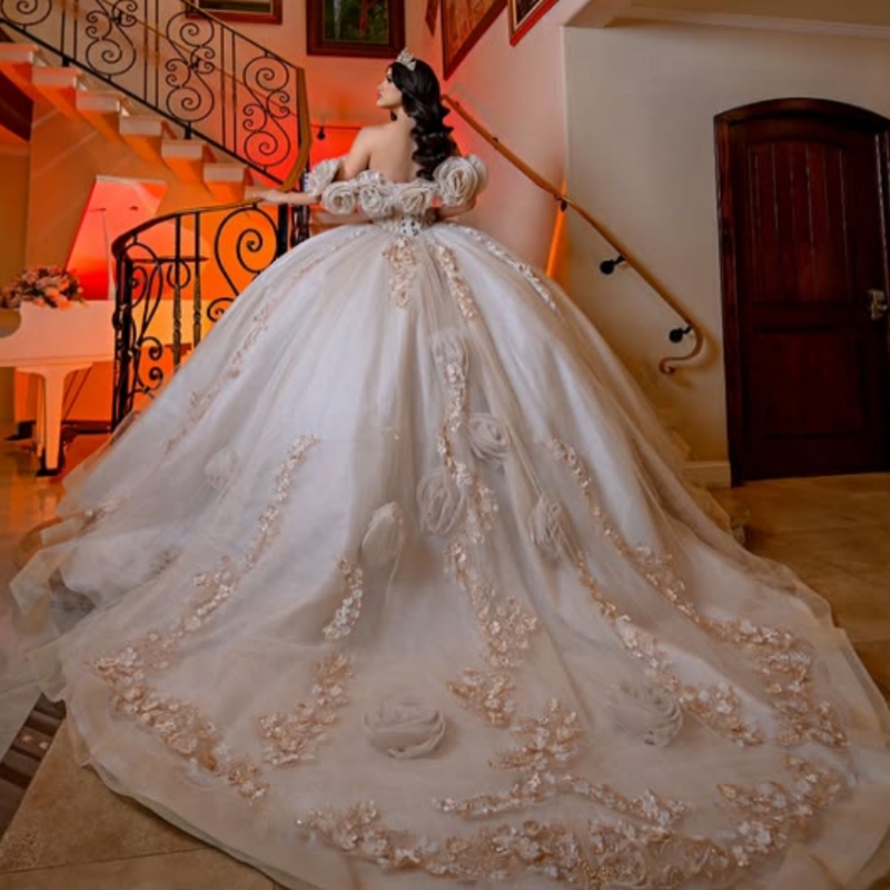Champagne Shiny Quinceanera Dresses Off The Shoulder Applique Flower Beading Tull Party Birthday Sweet 16 Dress Vestidos 15 Anos