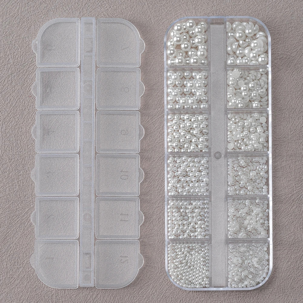 12Grids 3D Mixed White Pearls Nail Charms 01505mm RoundSemicircle Pearl Beads Nail Art Rhinestones DIY Manicure Accessories 251027