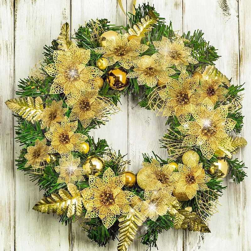 5Pcs Glitter Artificial Flowers 815CM Fake Flower Christmas Xmas Tree Decoration for Home Decor Ornaments New Year Gift Navidad C251030