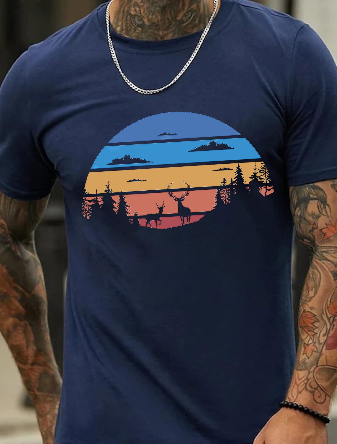 European & American Oversized Vintage Deer and Tree Print Fashionable Men's Cotton Summer T-Shirt - TT7086