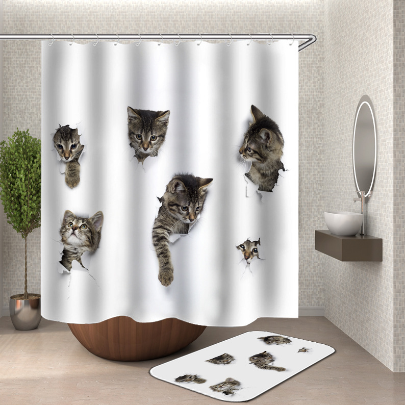 YL-37596 3D Digital Shower Curtain for Kitty Bathing, Bathroom Dry and Wet Separation, Polyester with Hooks, Isolation Curtain