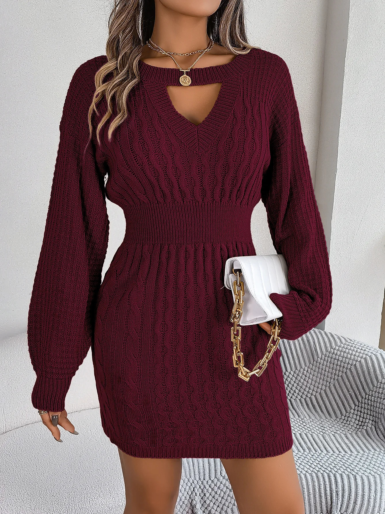 Autumn Winter Solid Color Woolen Dress ONeck Lantern Sleeve Hollow Out Knitted Dresses for Women Fashion Casual Vestidos 251027