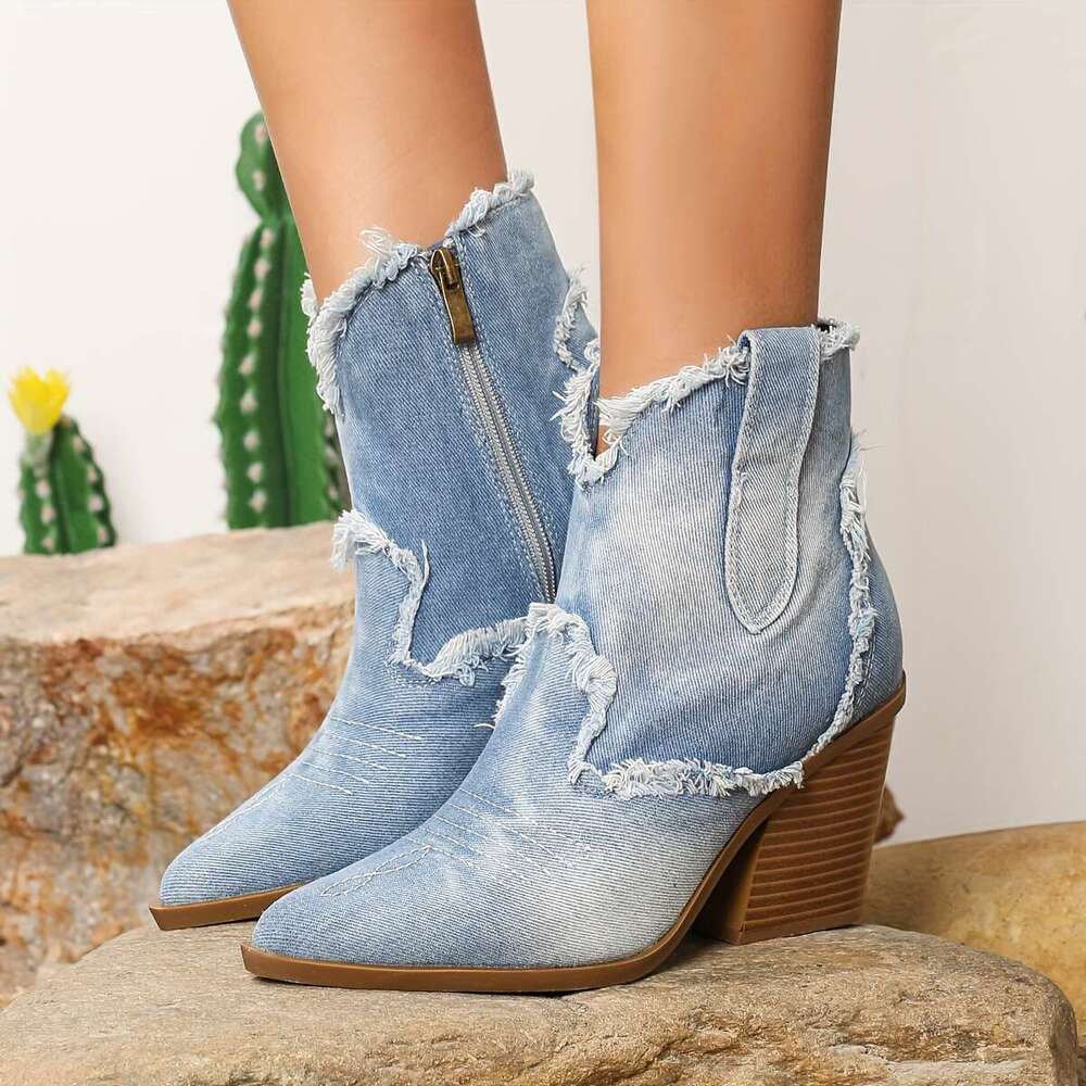 2025 New Fashion Block Heel Pointed Toe Ankle Boots, Vintage Western, Ultrahigh Heel, Solid Color, Fabric Upper, Synthetic Insole, Rubber Sole, Zipper