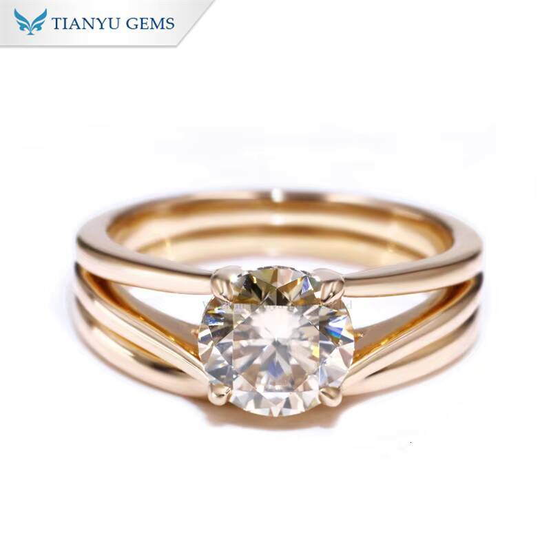 Tianyu Gems Custom Made Champagne Moissanite Round Cut 80mm 2ct 14k Yellow Gold Fashion Jewelry Ring Set for Women