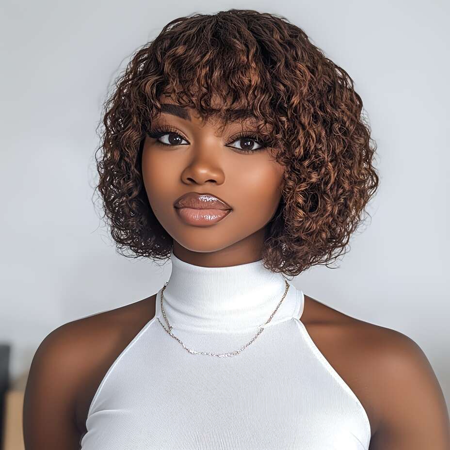 Lekker Brazilian Remy Human Hair Wig - Short Pixie Cut Bob With Bangs, Curly Wave Texture, Natural Black To Blonde Ombre Highlights P4/30/27, Density,