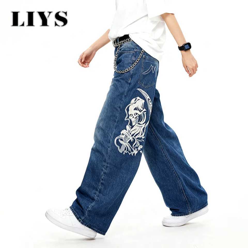 New Mens HipHop Skeleton Print Loose Straight Leg Jeans Autumn College Style Retro Blue Baggy Street Denim Pants Mens Clothes J251030