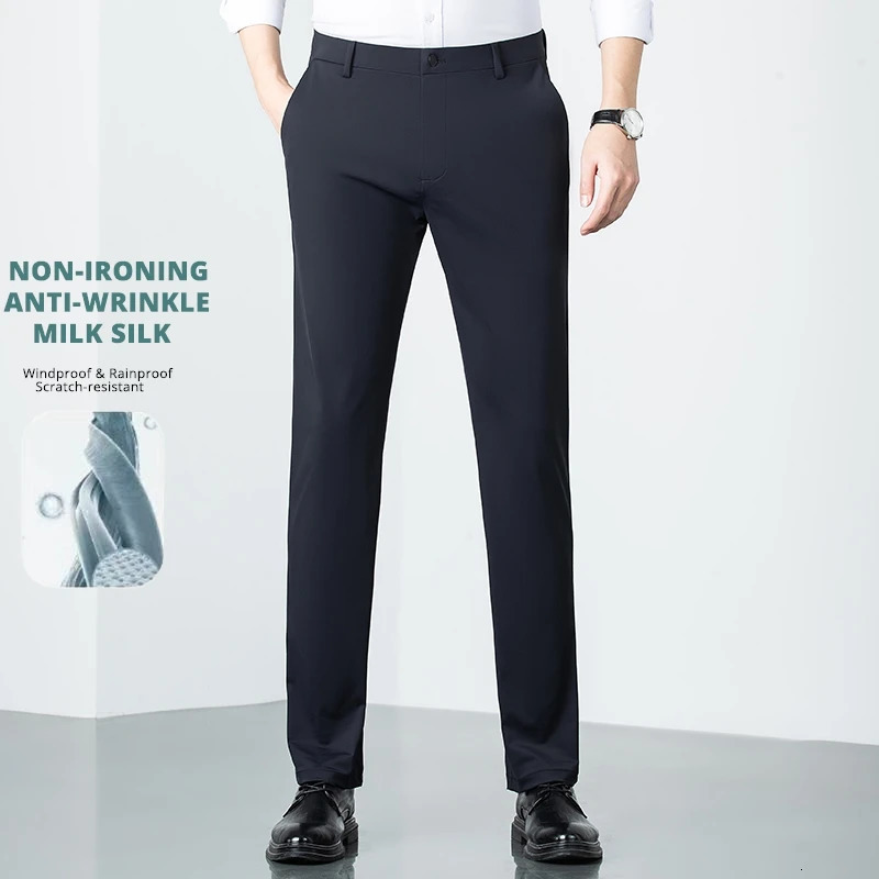 Premium Milk Ice Silk Nonironing Fashion Dress Pants Men Breathable Office Business Casual Commute Long Suit Trousers 251028