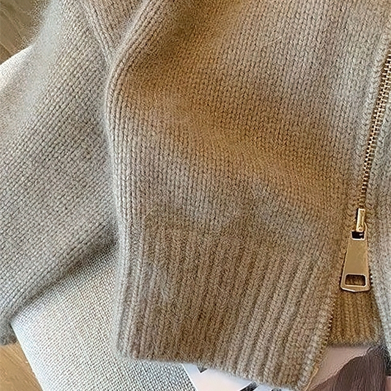 Patchwork Zipper Cropped Cardigan Women 400g Thick Autumn Knitted Sweater Bomber Jacket Short Fitted Knitwear Coat 251029