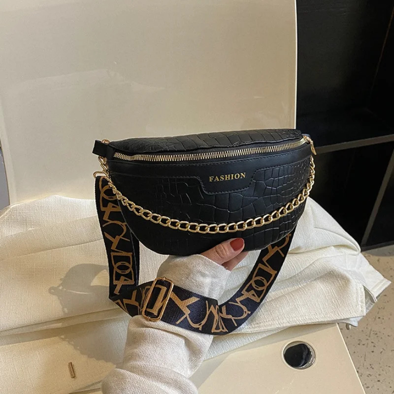 Vintage Pattern PU Fanny Packs For Women Elegant Chain Waist Bag Female Waist Pack Wide Strap Crossbody Chest Bag 251023