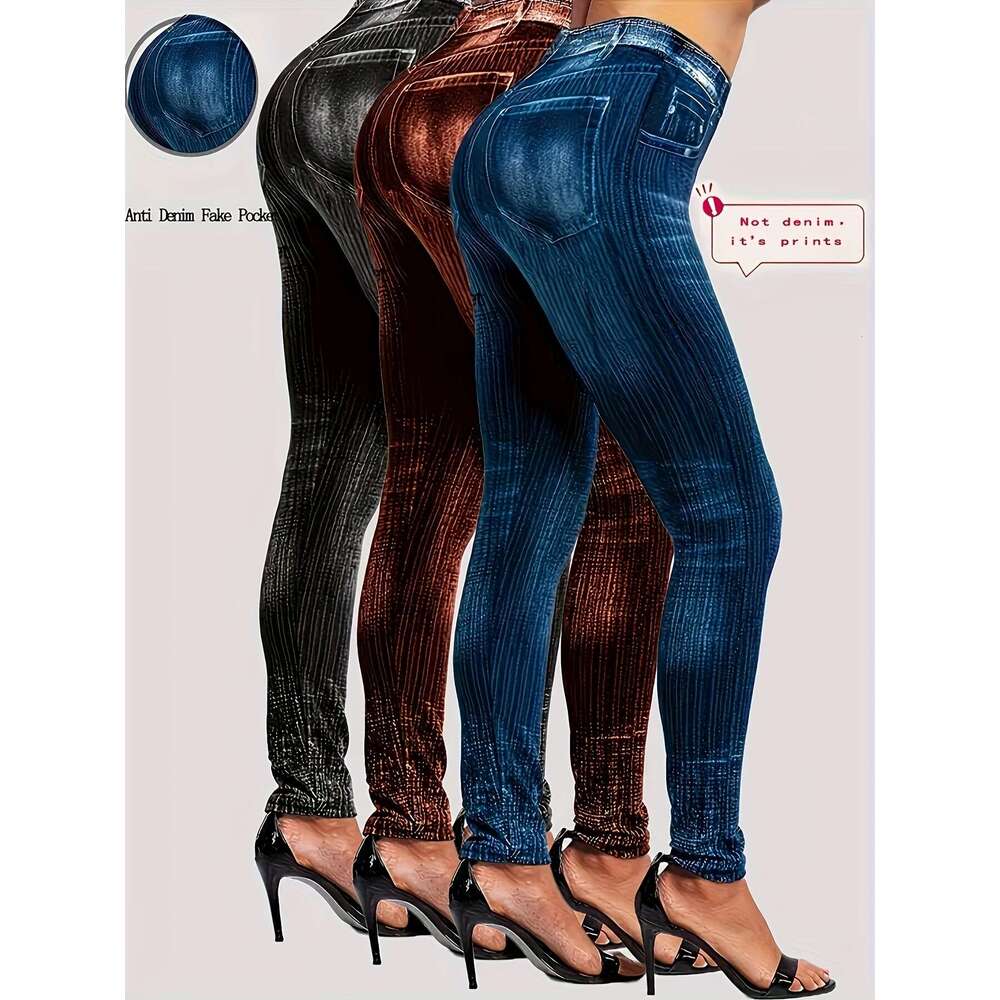 3pcs Imitation Denim Print Leggings Set