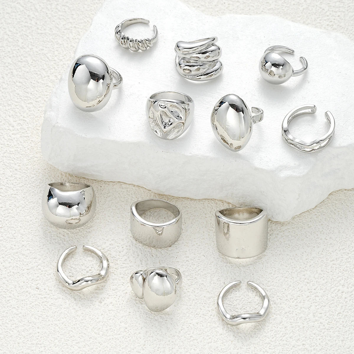 13 Pcs Punk Smooth Open Ring Set Fashion Silver Color Smooth Geometric Adjustable Metal Rings Womens Aesthetics Party Jewelry 251023