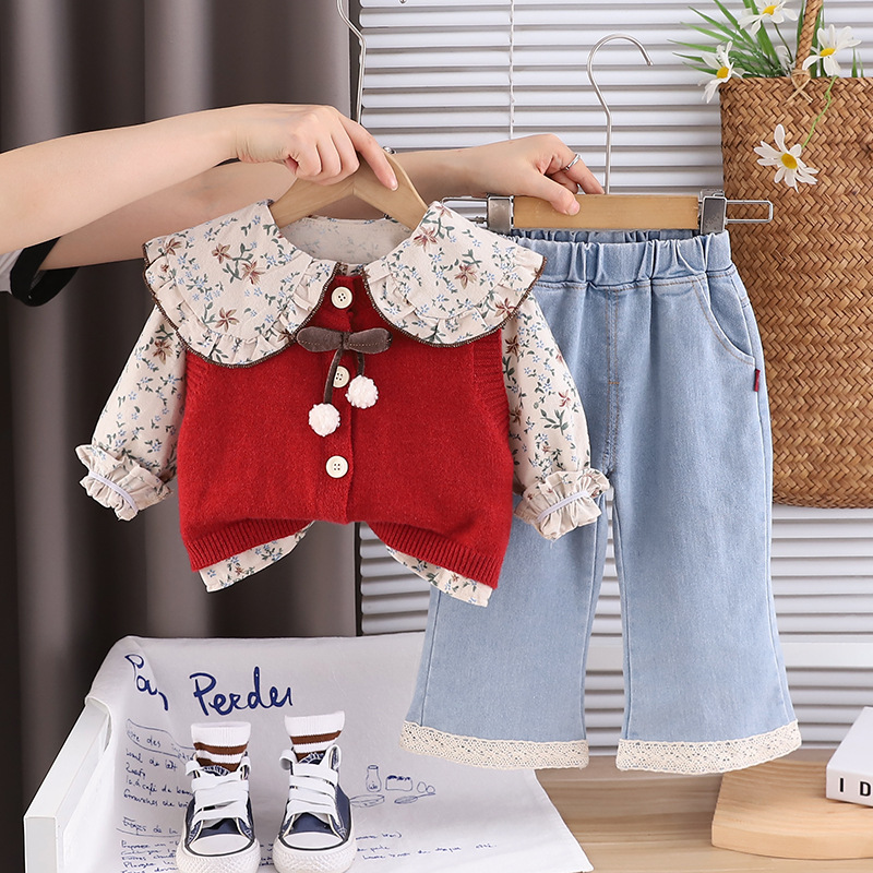 kids designer clothes 2025 Spring Autumn Girls' 3-Piece Set - Fashion Bow Tie Cardigan Knitwear Outfit, Cute Clothes for Baby Toddler