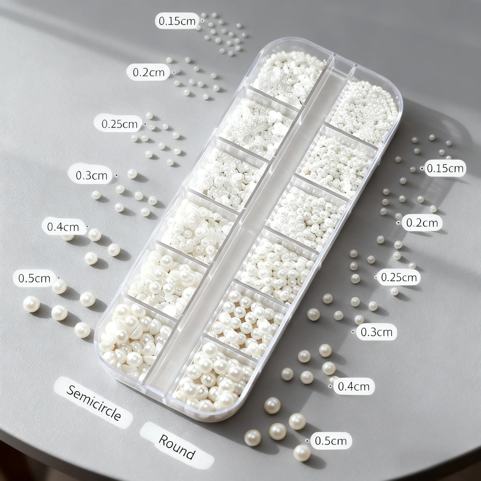 12Grids 3D Mixed White Pearls Nail Charms 01505mm RoundSemicircle Pearl Beads Nail Art Rhinestones DIY Manicure Accessories 251027