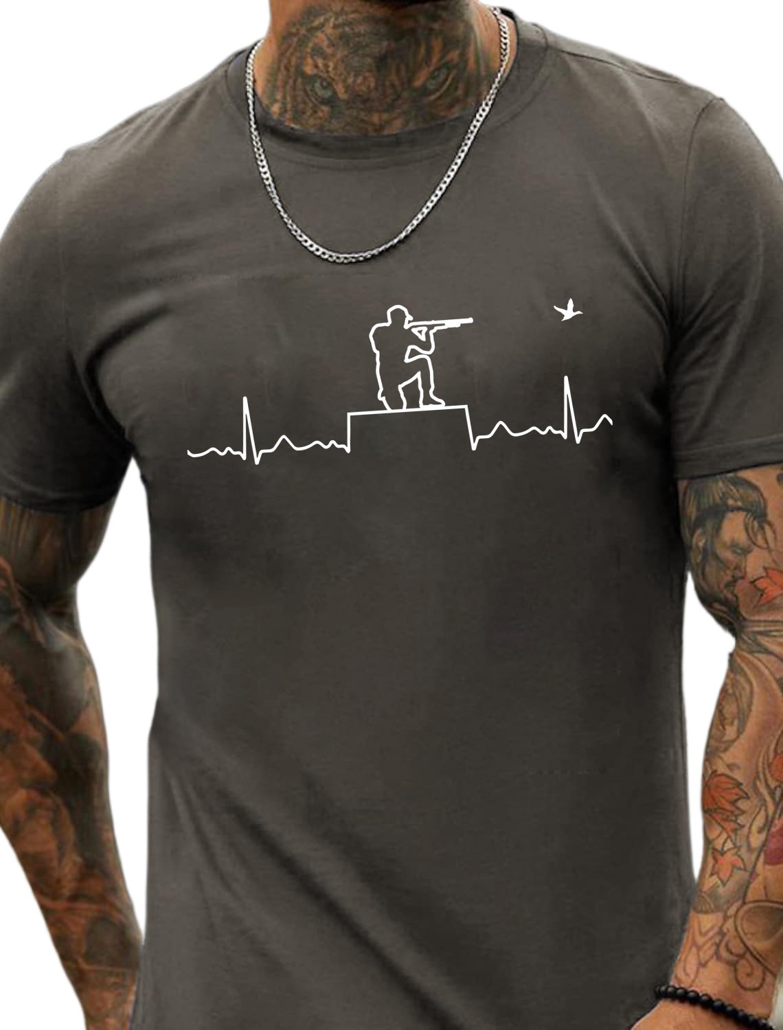 European & American Oversized Hunting Heartbeat Line Print Men's Cotton Summer T-Shirt - TT7082