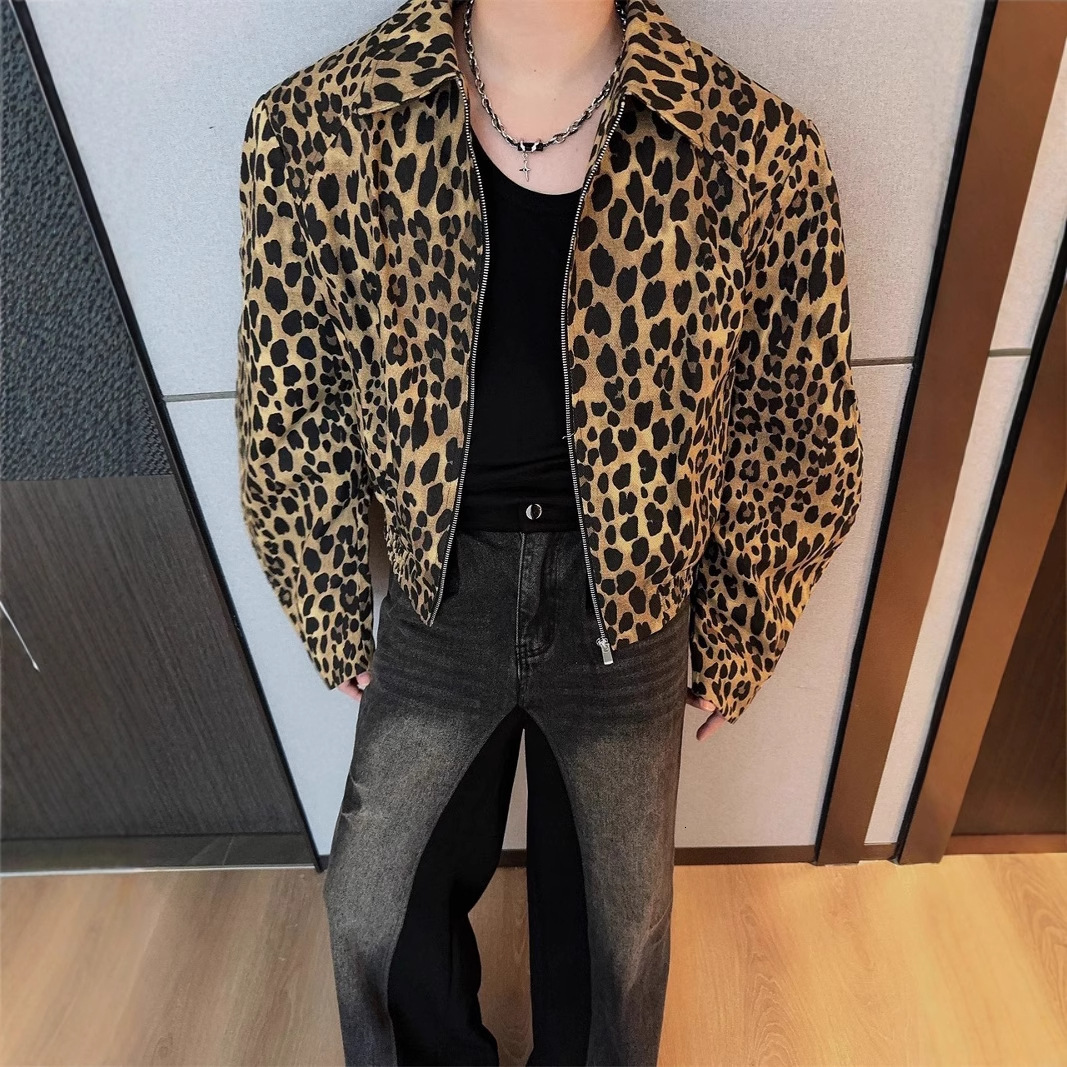 Washed Leopard Print Denim Jacket For Men Spring And Designer Jacket Autumn New Style Niche Design Loose Casual Stylish Short Padded Shoulder Jacket