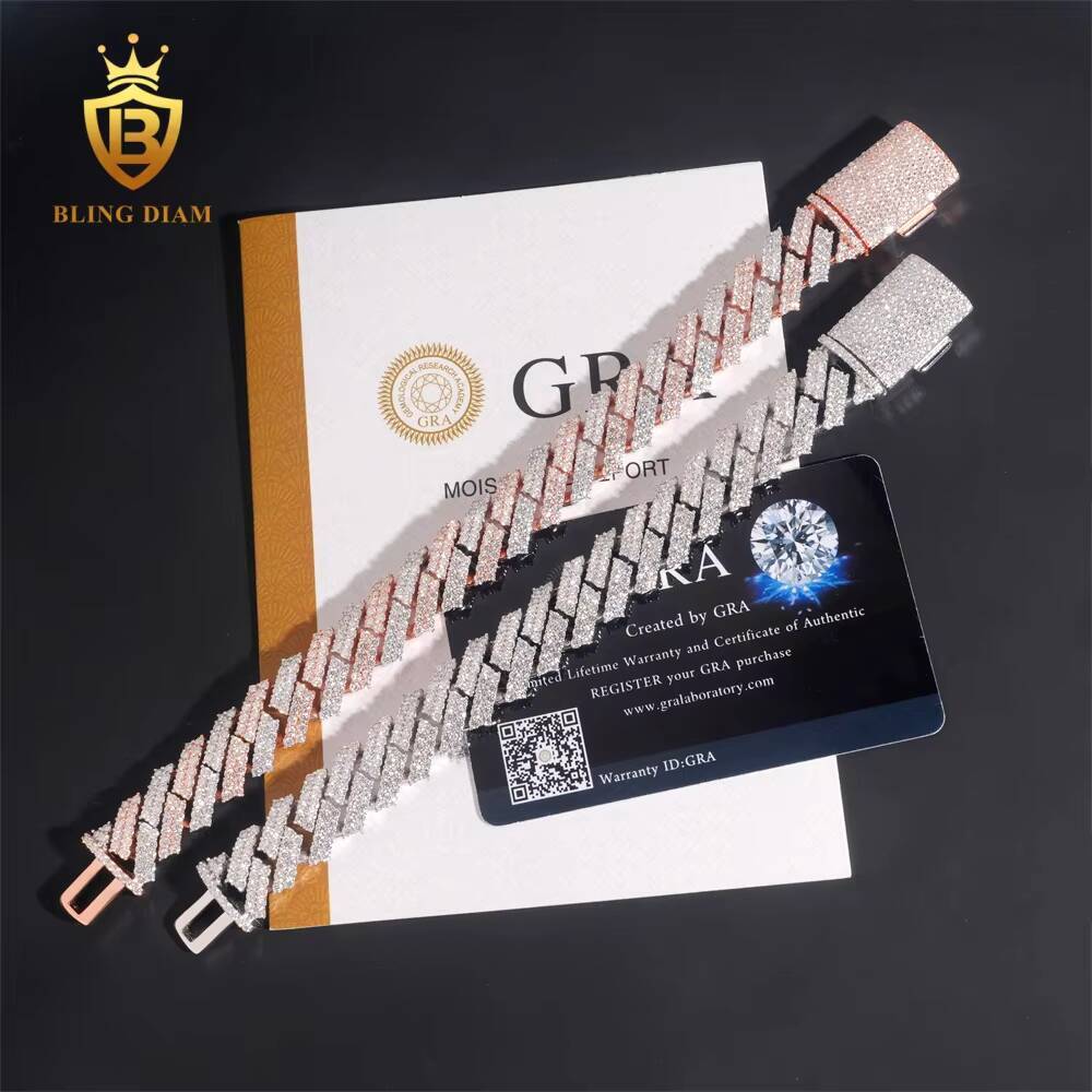 Hot Sale VVS Moissanite Cuban Link Chain Bracelet Men 15mm Pass Diamond Tester Hip Hop 925 Iced Out Jewelry Rose Gold