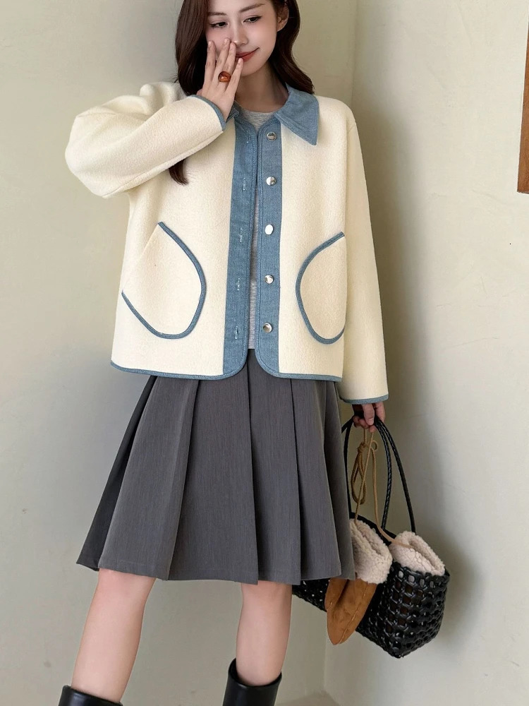 Women Cardigan Coats Denim Splice Jackets Sweaters Turn Down Collar Casual Loose Y2k Streetwear Elegant Knit Autumn Winter 251029