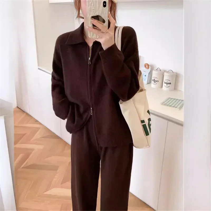 Korean style lazy style lapel sweater suit autumn and winter zipper loose knitted wideleg pants twopiece set for women 251029