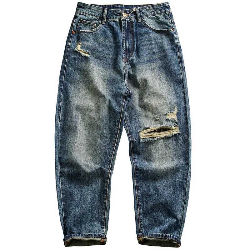 Personalized ripped jeans for men loose straight leg cool and trendy street retro wide leg denim pants J251030