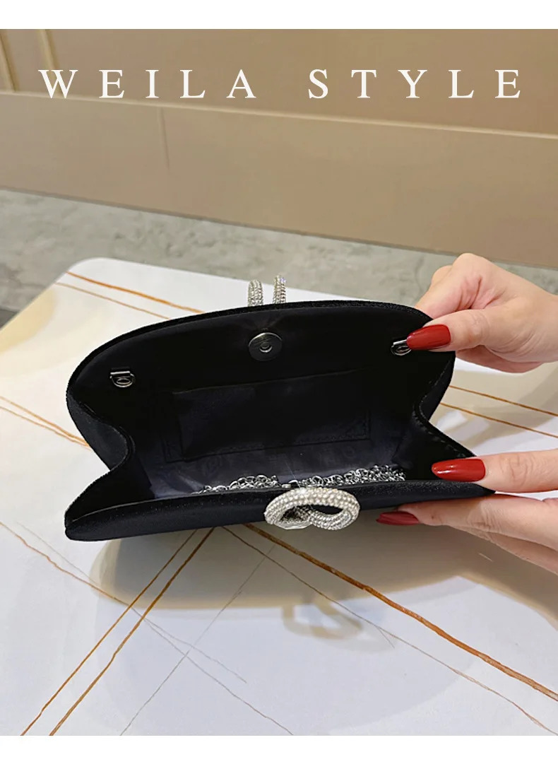 Sparkly Black Velvet Rhinestone Evening Bag With Crossing Handle Elegant Semicircle Clutch Purse For Wedding Party Dinner Bag 251023