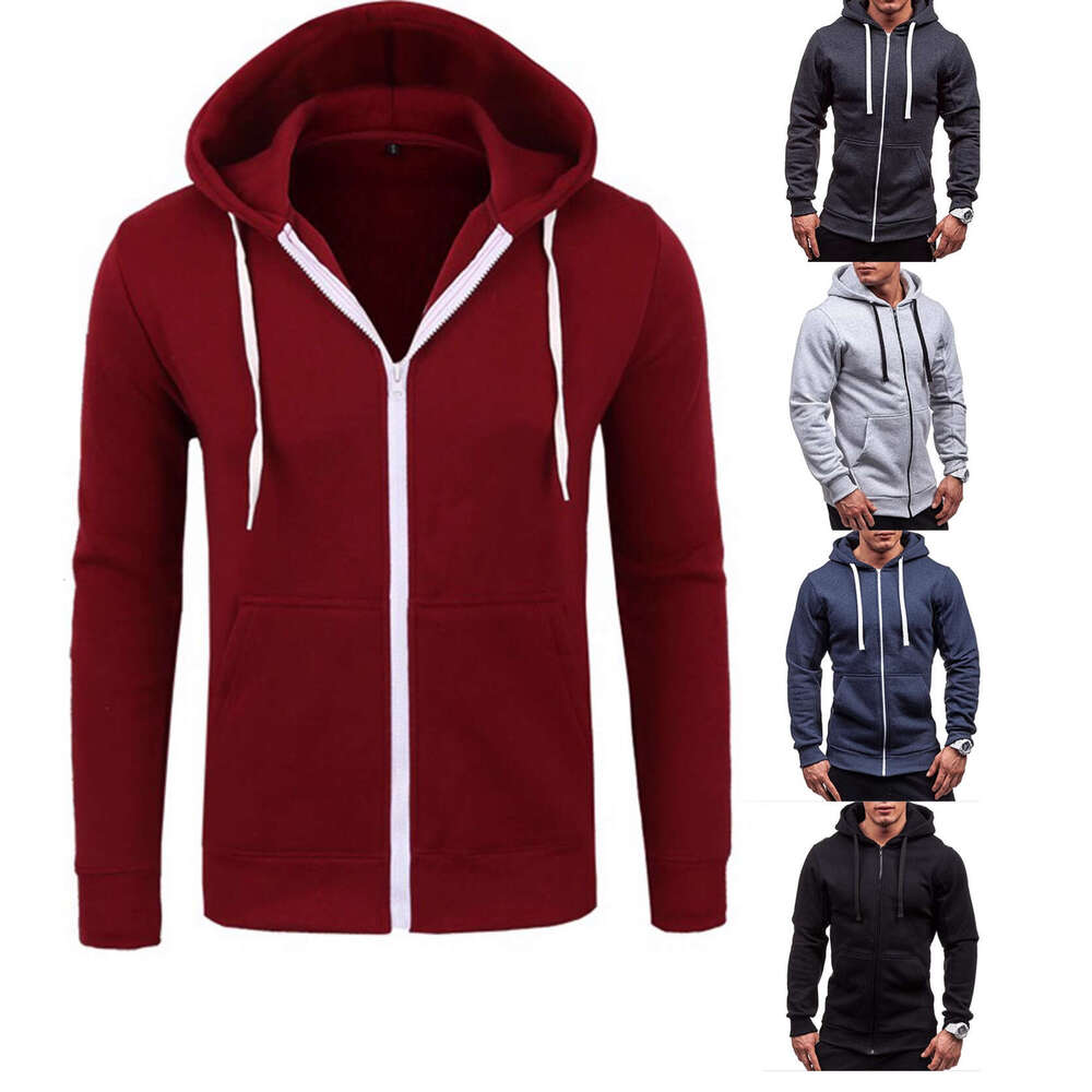 Spring and Autumn Casual Fashion Solid Color Men's Long Sleeve Sports Hooded Top Zipper Cardigan Sweatshirt