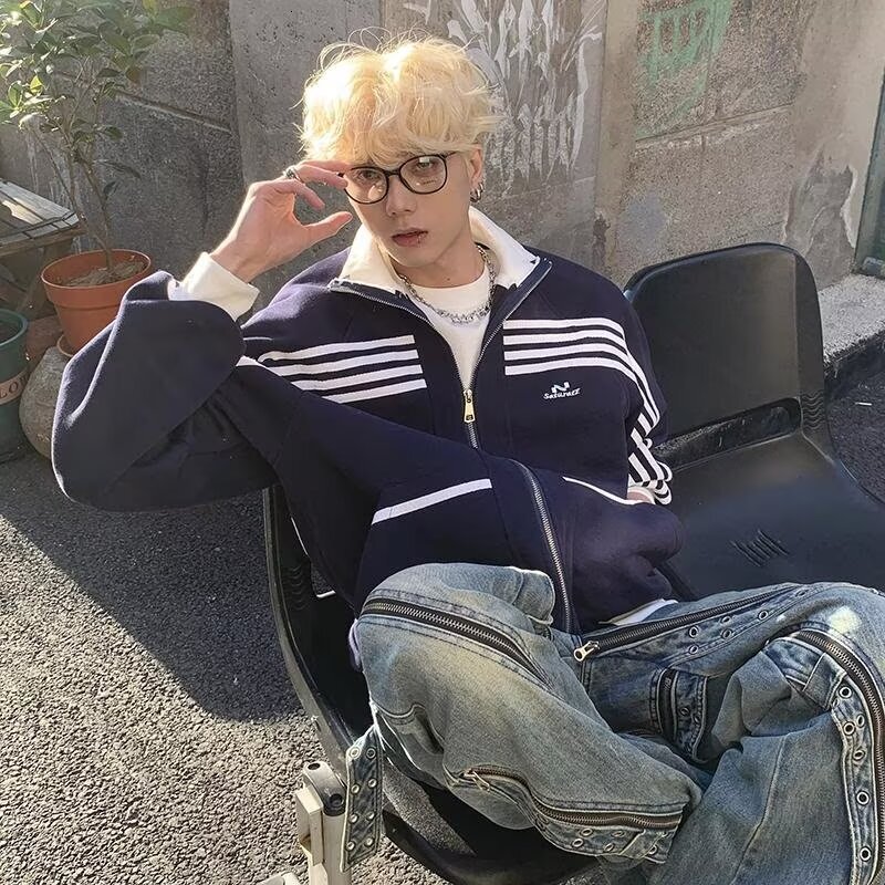 2025 Spring And Autumn New Striped Designer Coat Color Block Stand Collar Double Layer Casual Jacket College Style High-end Baseball Jacket