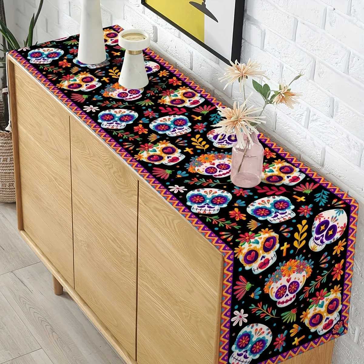 1Set Halloween Decoration Table Runner Tablecloth Mexican Day of The Dead Skull Ghost Table Runner Halloween Table Accessories C251030