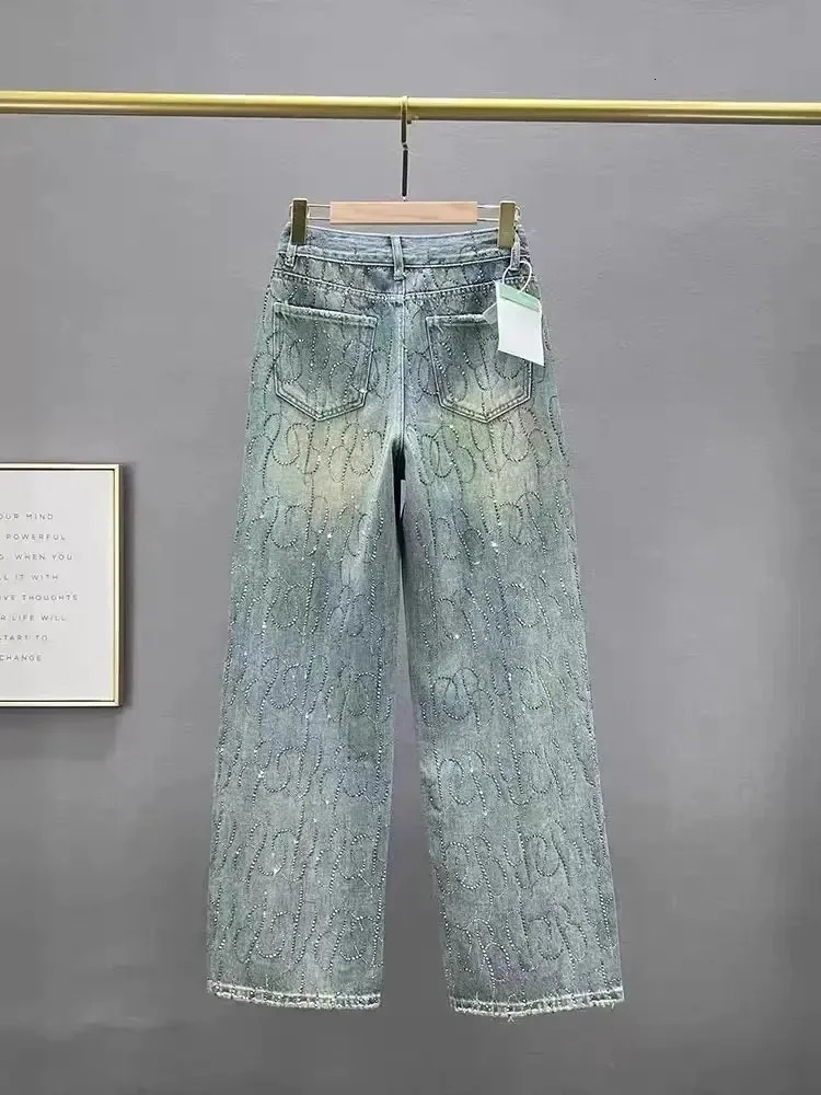 Women Diamond Jeans Shiny High Waist Loose Wide Leg Denim Pants Blue Rhinestone Mopping Pant Streetwear Fashion Trousers Outwear 251029