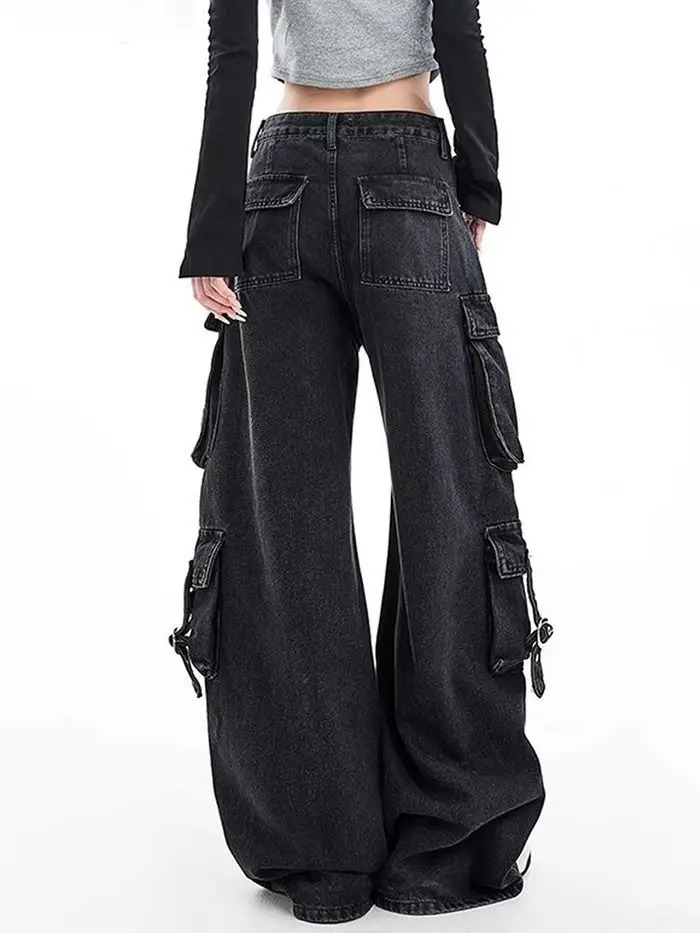 Black Gothic Punk MultiPocket Zipper Denim Jeans Men And Women Y2K American Baggy Fashion High Waist Loose WideLeg Jeans 251029