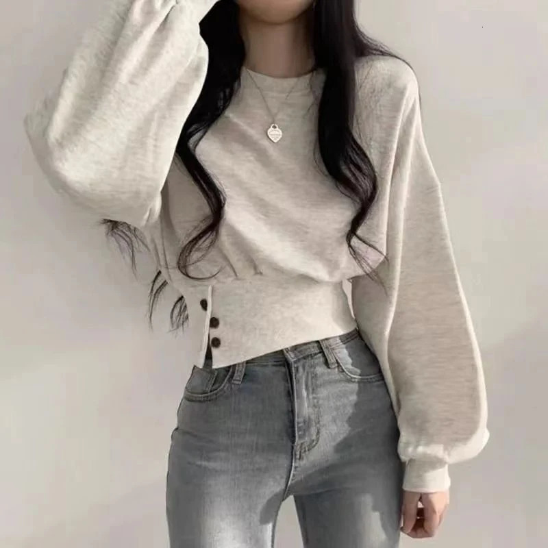 Autumn Women Solid ONeck Slim Crop Top Lantern Sleeve With Button Sweat Casual HipHop Sporty Pullover Sweet Chic Street Wear 251030