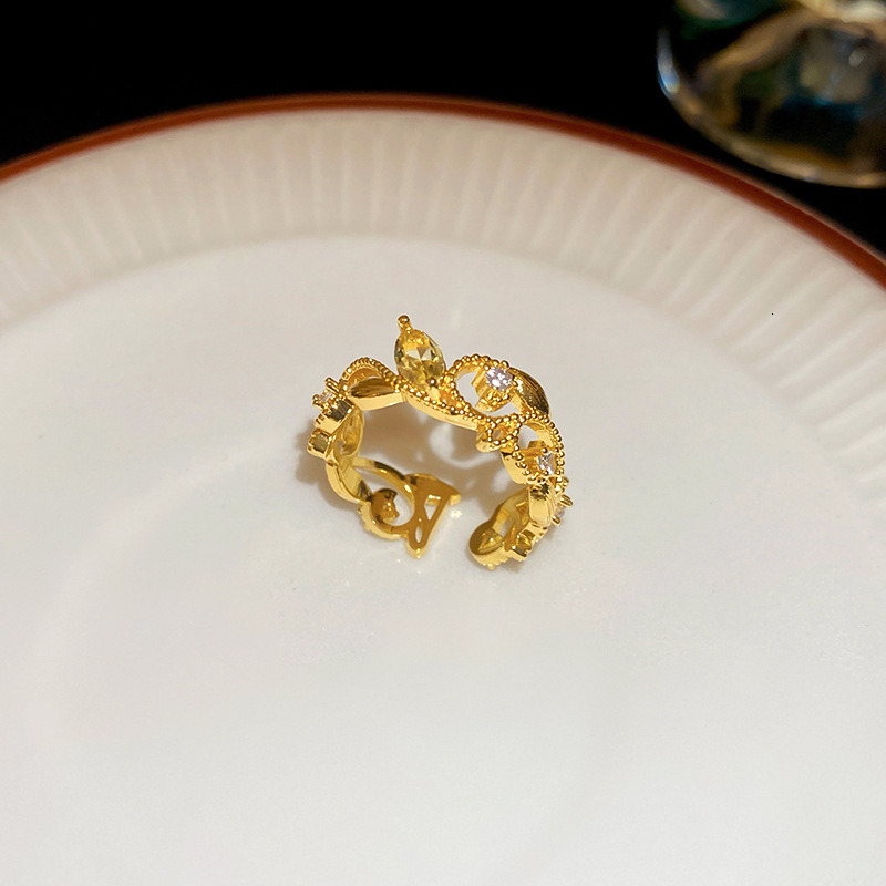 Zircon-set rhombic iris flower wide-open ring, antique vintage finger ring, retro and luxurious style jewelry accessory ddmytues