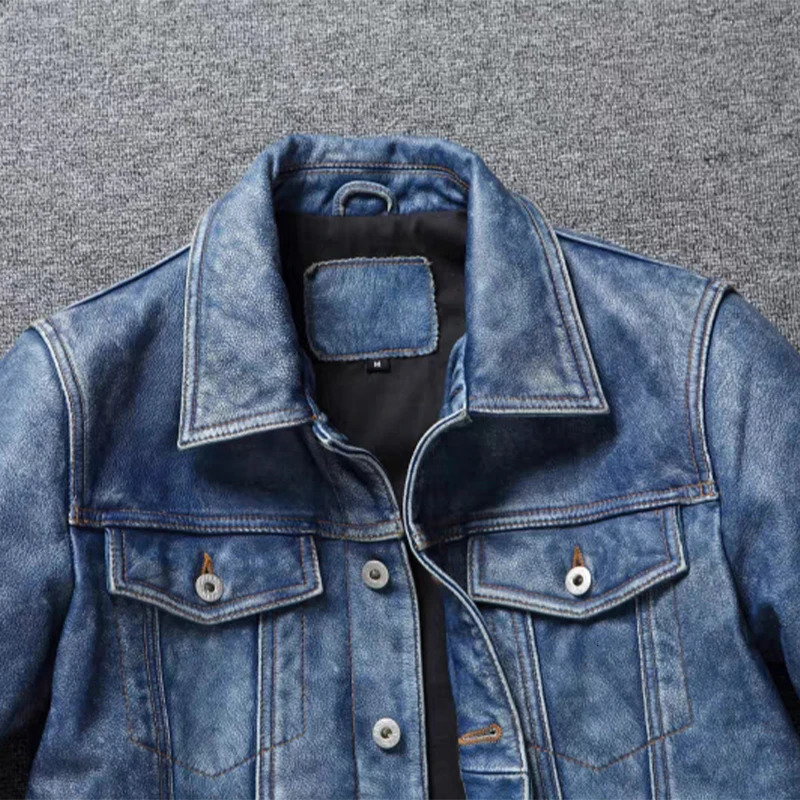 Mens Motorcycle Leather Jacket Light Blue Ami Khaki Retro Graphite Distressed Denim Genuine Slim Short 251029