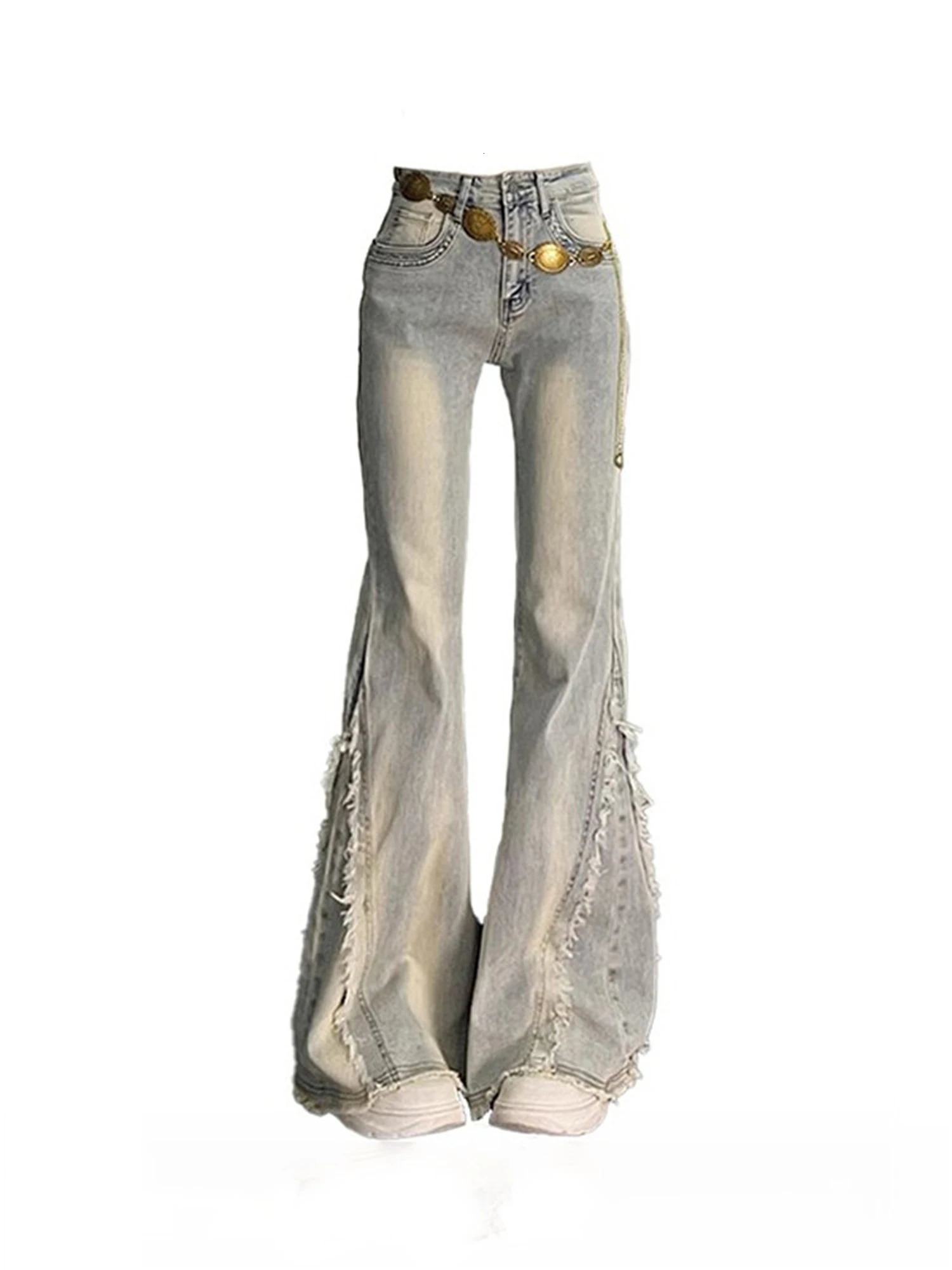 WAKA Womens Vintage High Waist Flared Jeans With Fringed Side Split Metal Chain Belt Retro Y2K Denim Pants Autumn Fashion 251029