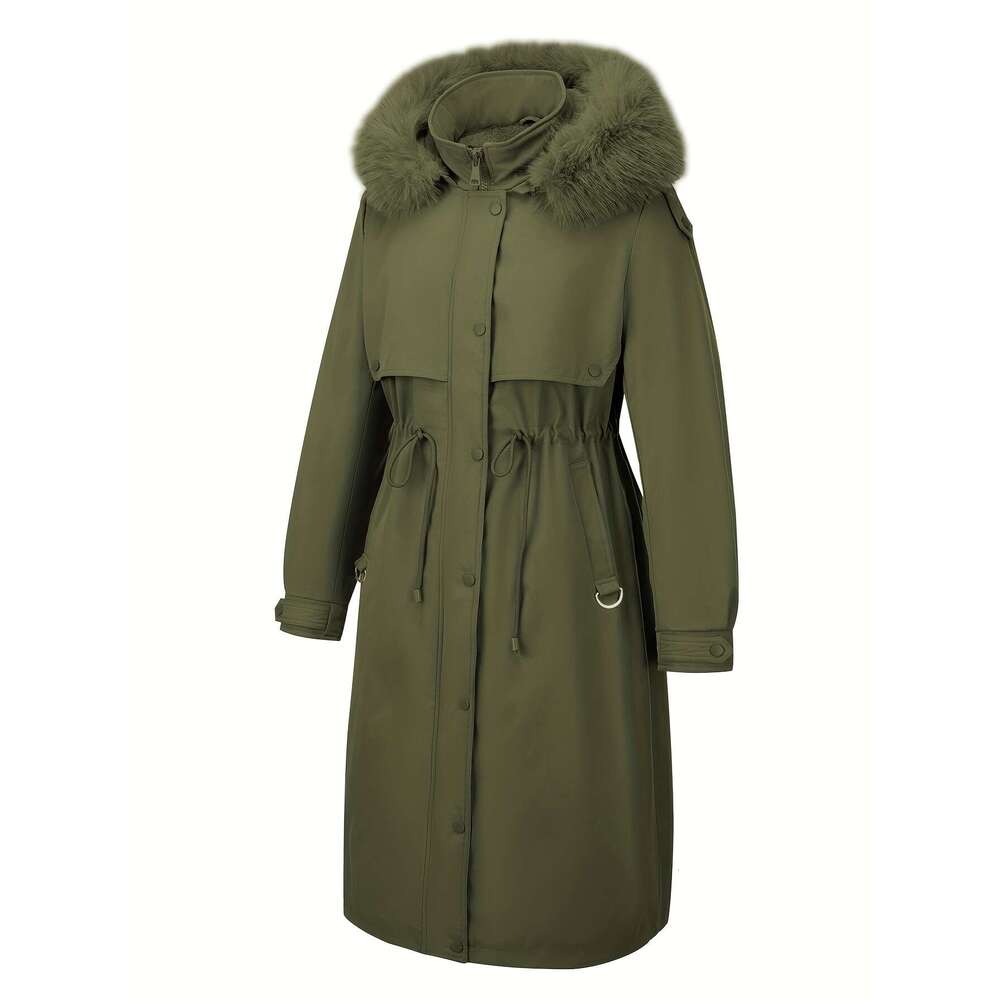 Women S Elegant Coat With Detachable Hood Long Black Jacket Full Zip Front Closure White Faux Fur Hand Dry Clean Non Stretch Outer For Fall Winter Cas