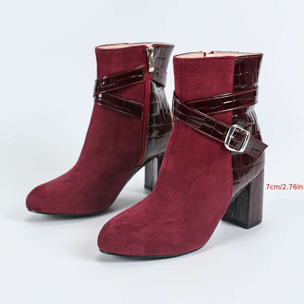 1Pr Elegant Bury Ankle - Women's Round Toe Block Heel Dress Boots Side Zipper, Winter Comfort High Heels With PVC Sole And Flannel Insole