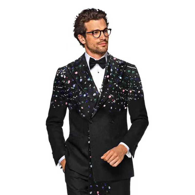 Luxury Men's Suit 2 Pieces Blazer Pants Double-Breasted Peak Lapel Shiny Crystal Diamonds Causal Party Prom Customized