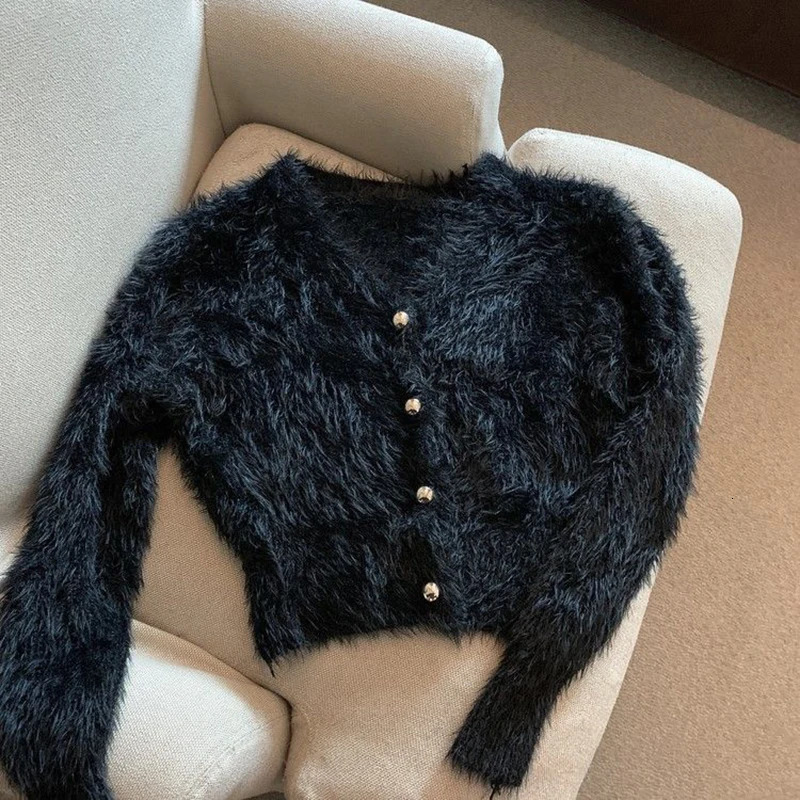 Vintage Cropped Mohair Knitted Cardigan Women V Neck Sweater Coat Streetwear Korean Black White Knitwear Solid Slim Jumpers 251028