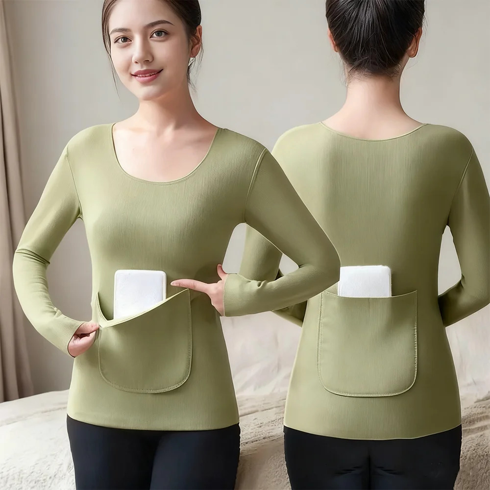 Thickened Long Sleeve Thermal Top Womens Base Layer Inner Wear Velvet Heating Warm With Pocket Thermal Underwear 251030